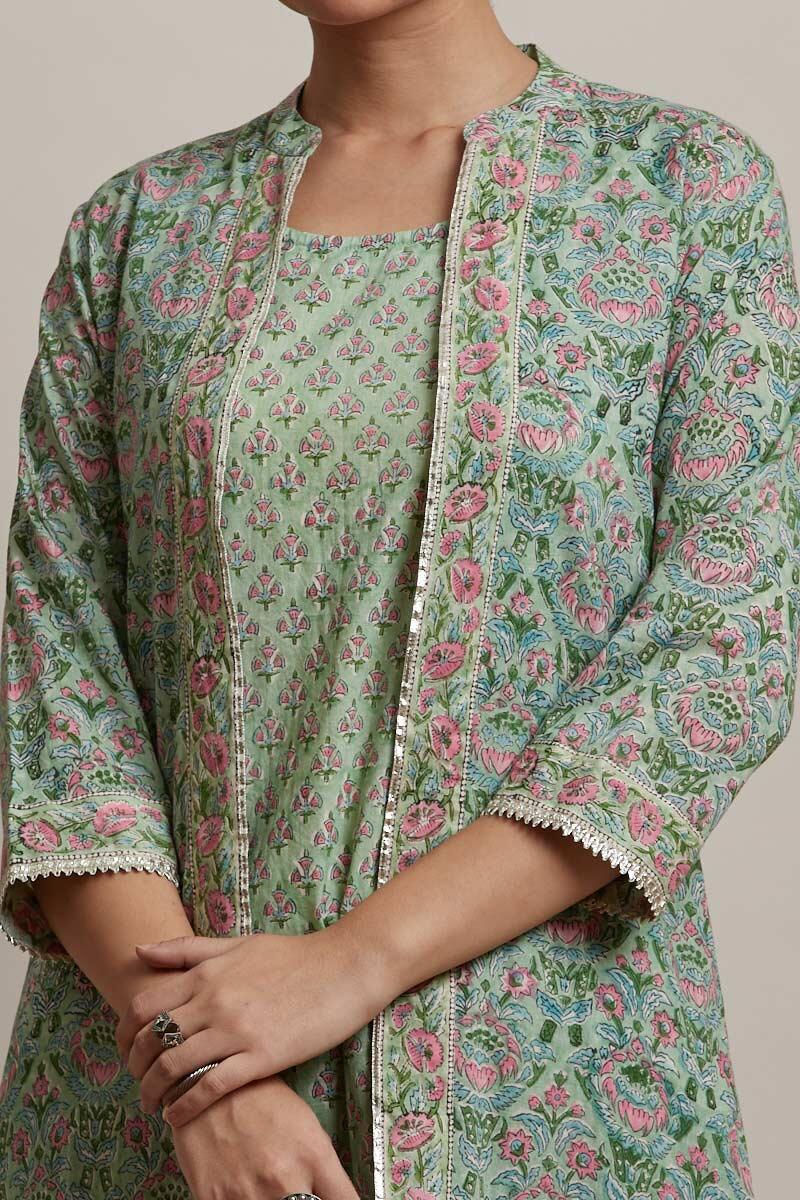 Green Block Printed Straight Cotton Kurta