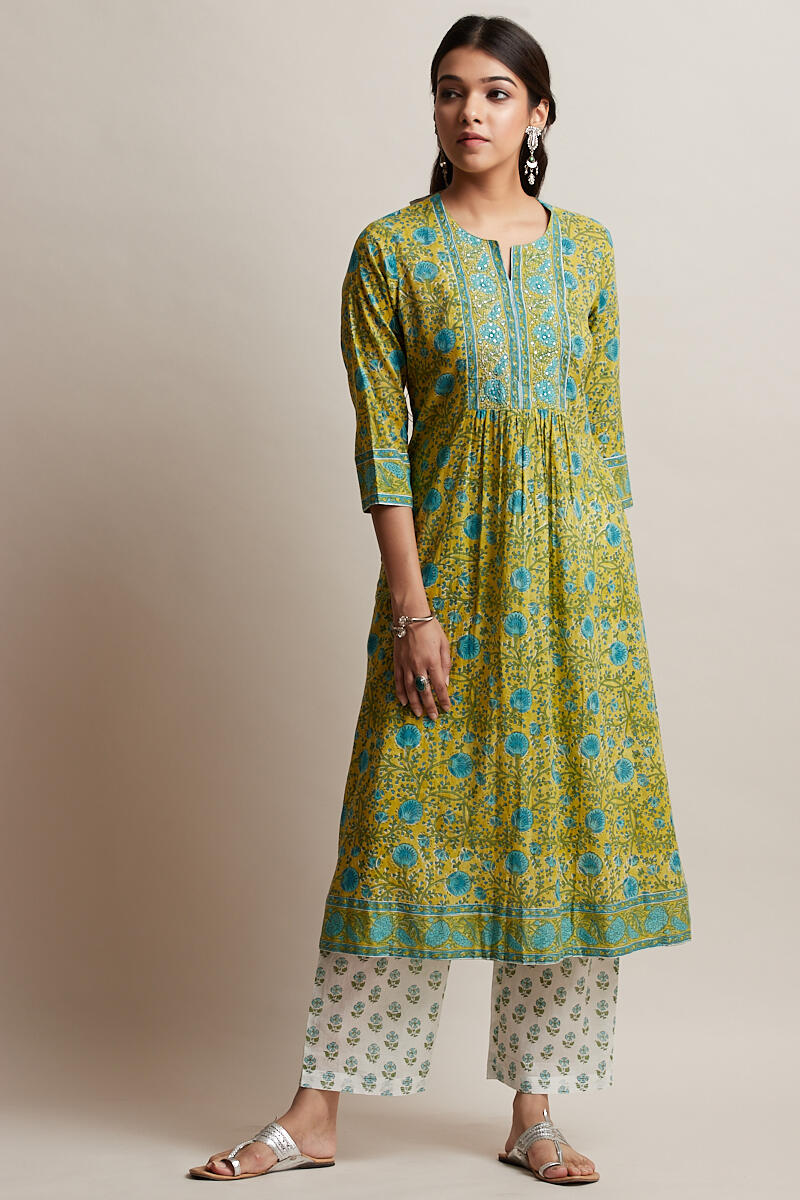 Green Block Printed A-line Cotton Kurta