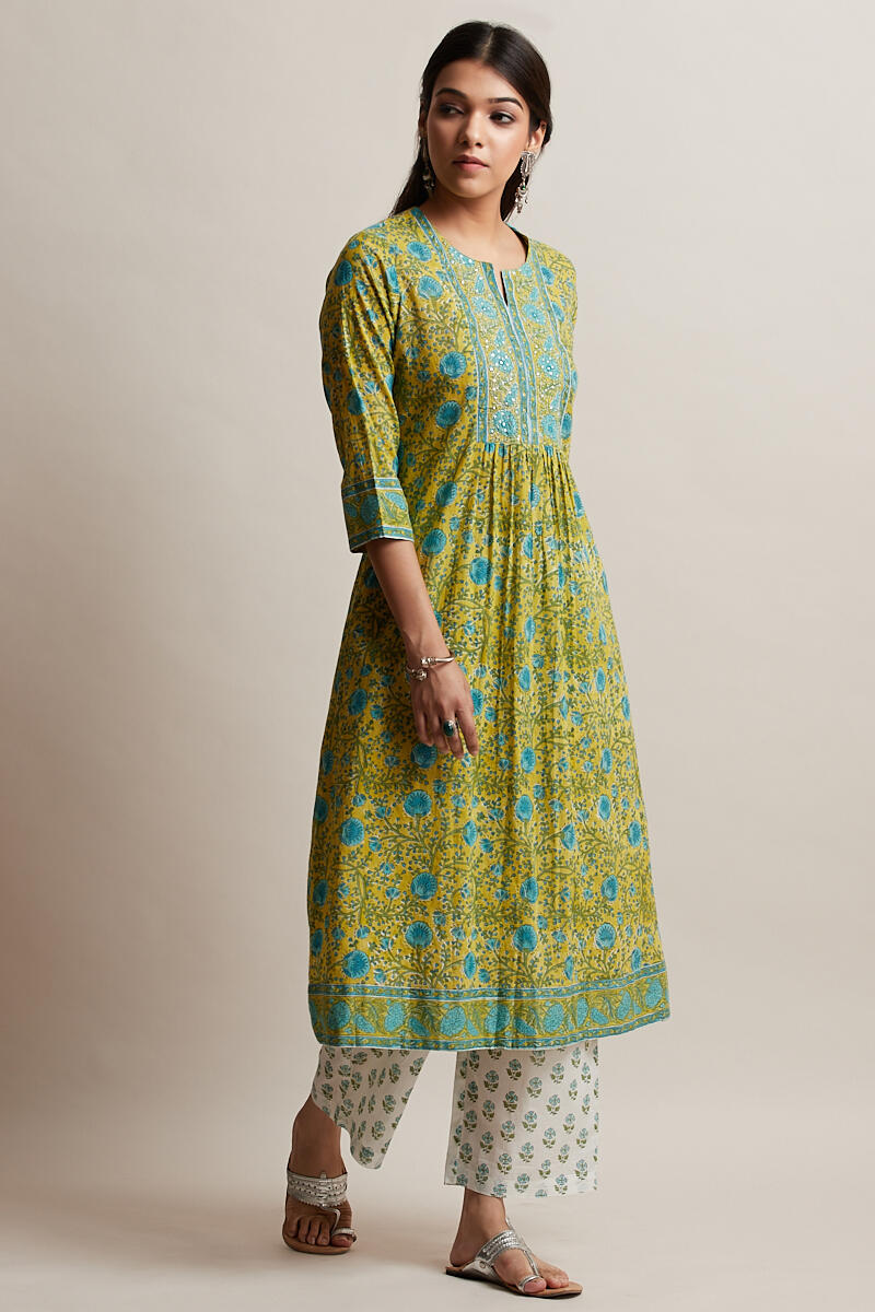 Green Block Printed A-line Cotton Kurta