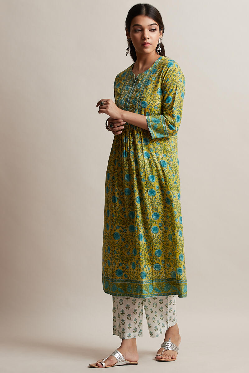 Green Block Printed A-line Cotton Kurta