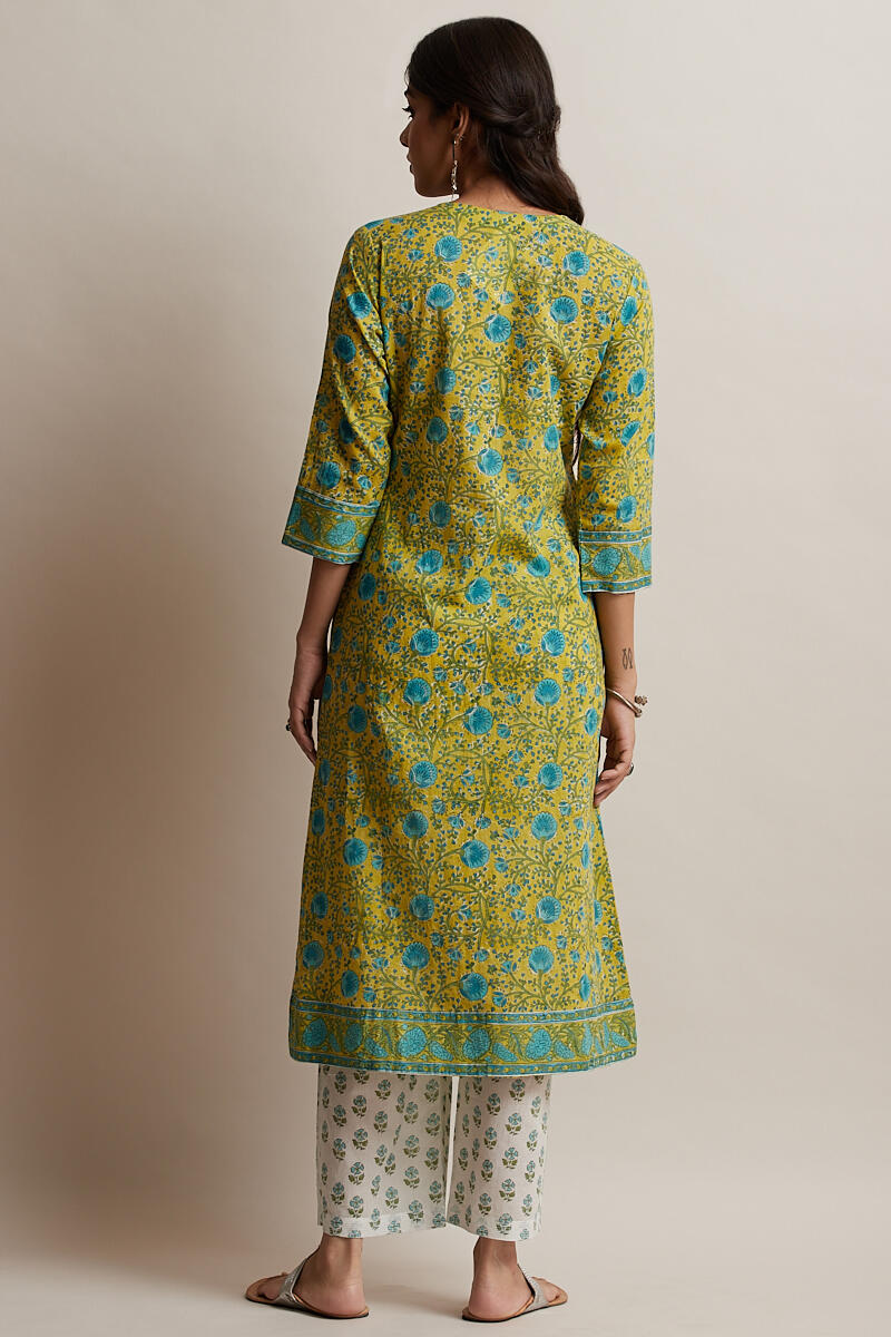 Green Block Printed A-line Cotton Kurta