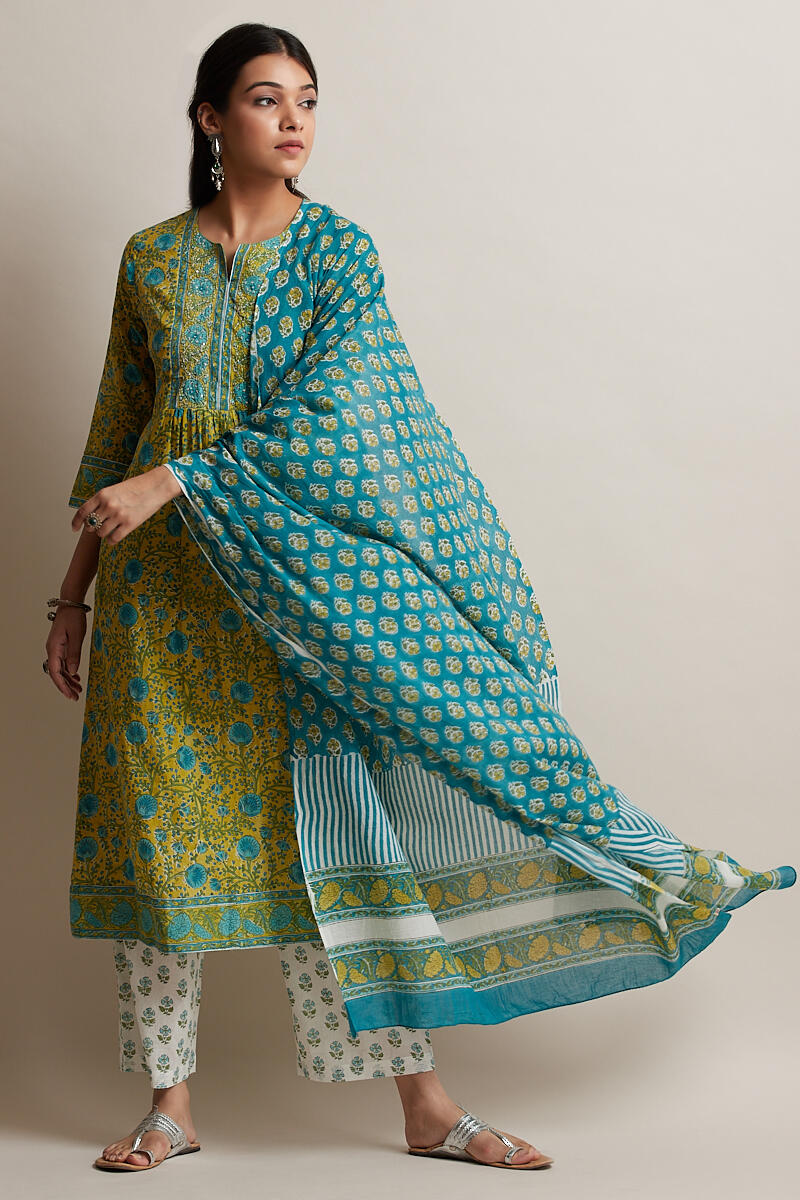 Green Block Printed A-line Cotton Kurta