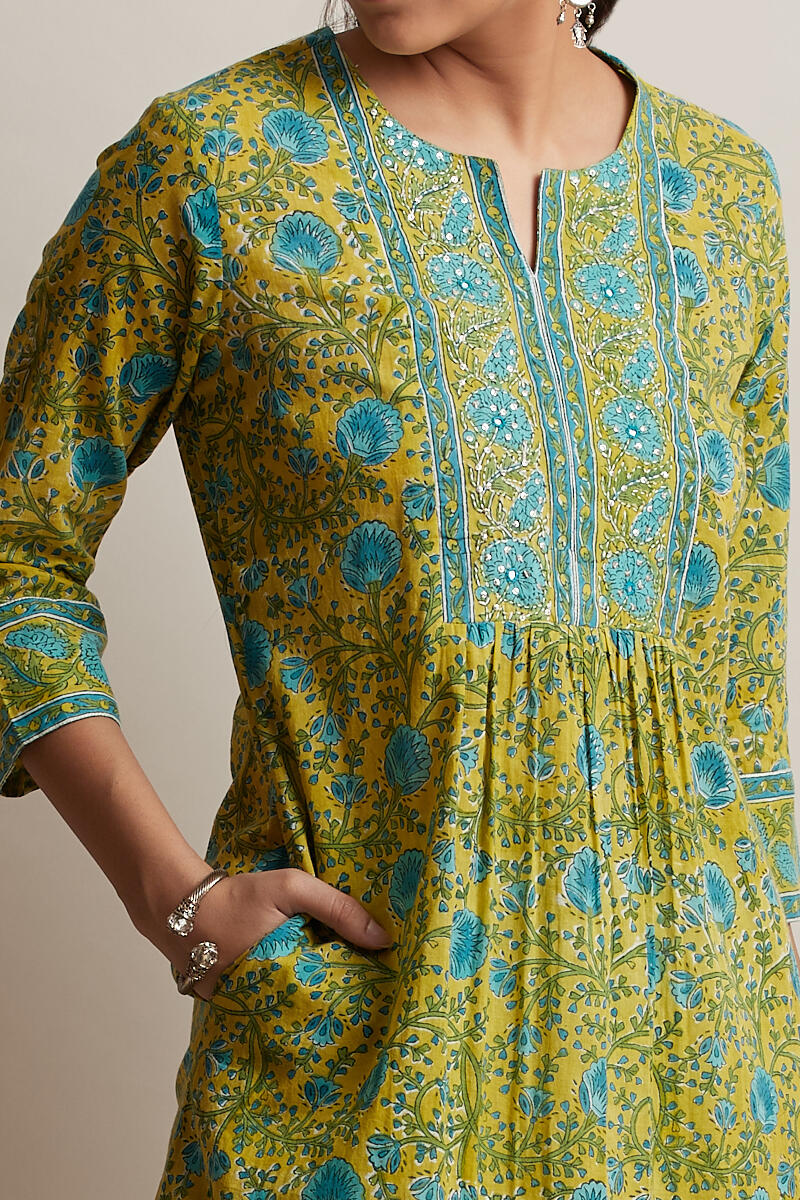 Green Block Printed A-line Cotton Kurta