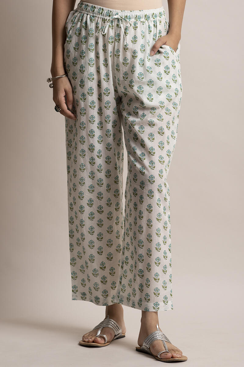 White Block Printed Cotton Straight Farsi