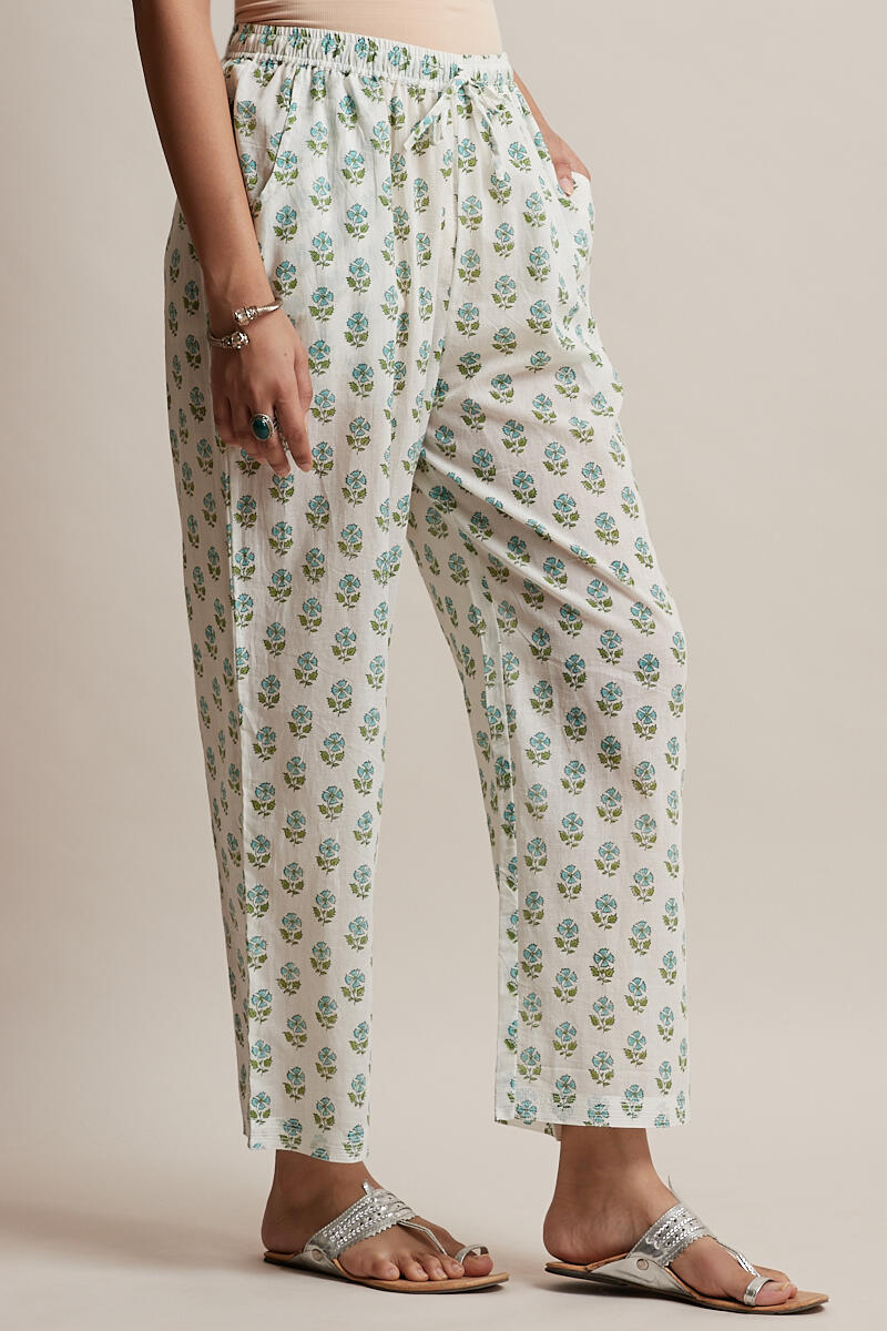 White Block Printed Cotton Straight Farsi