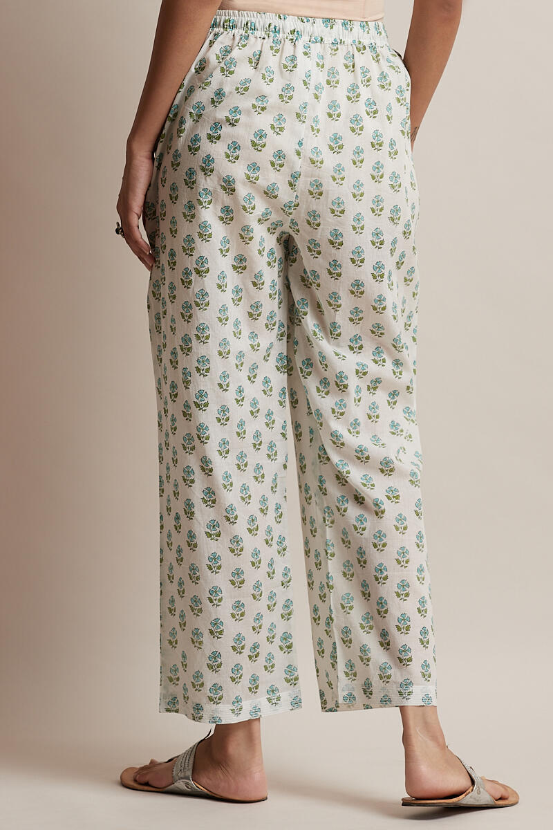 White Block Printed Cotton Straight Farsi