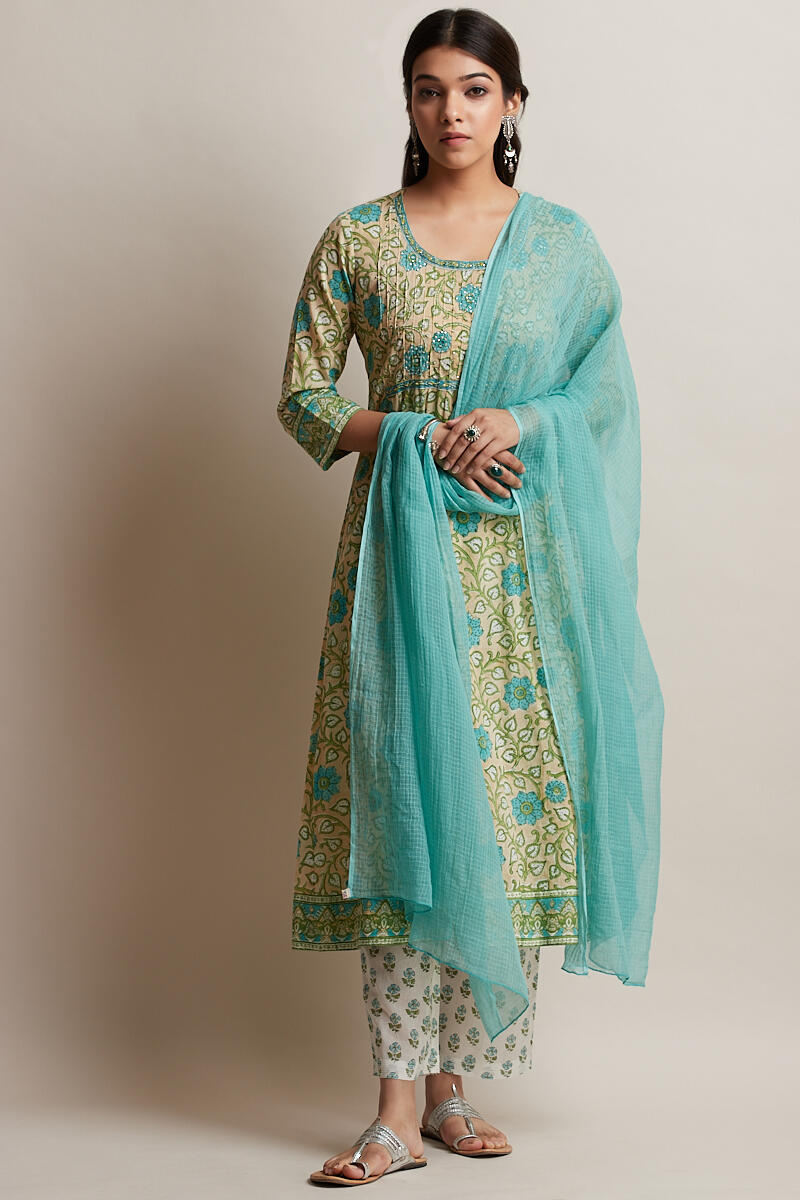 White Block Printed Cotton Straight Farsi