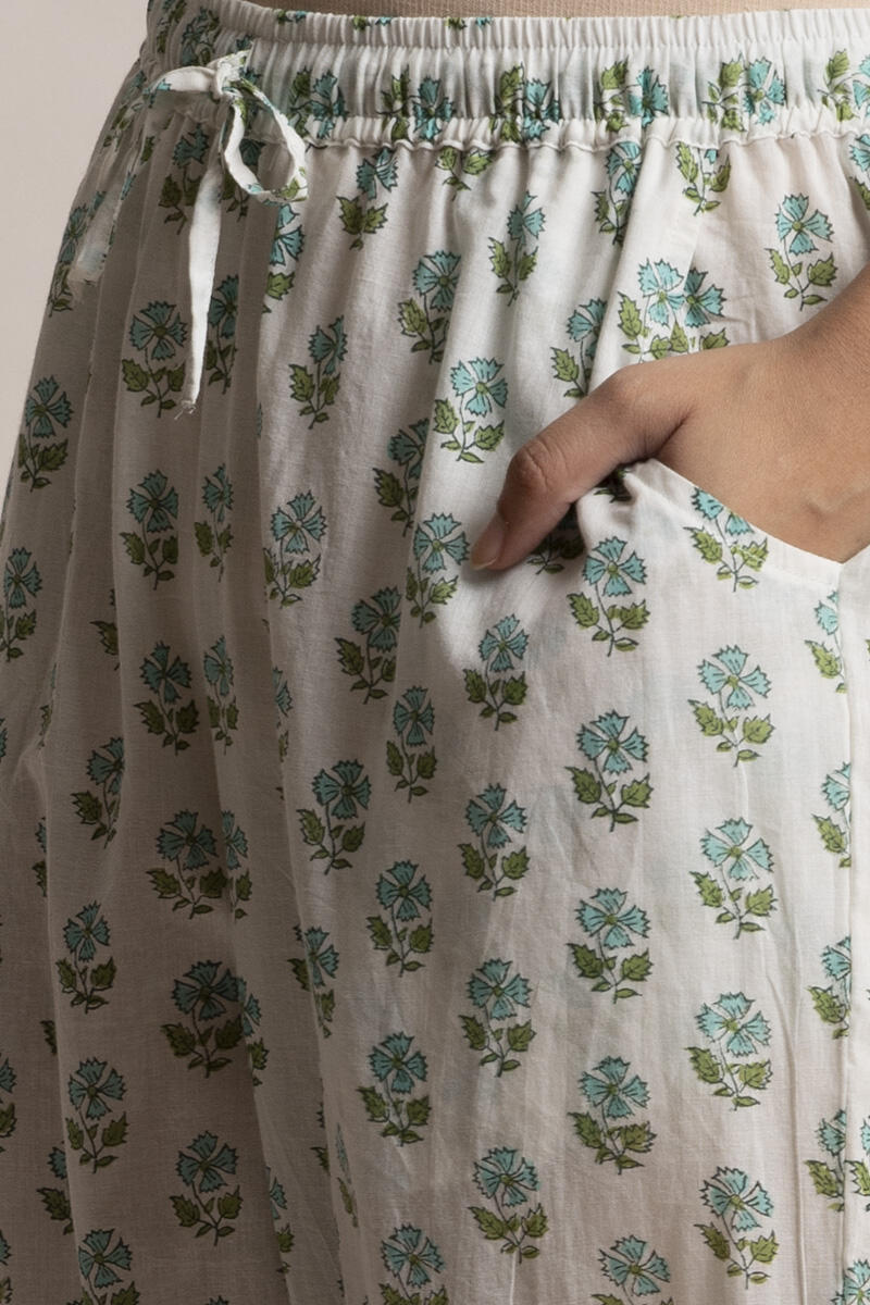 White Block Printed Cotton Straight Farsi