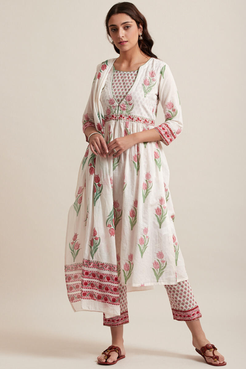 White Block Printed Cotton Dupatta