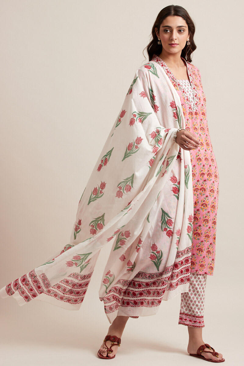 White Block Printed Cotton Dupatta