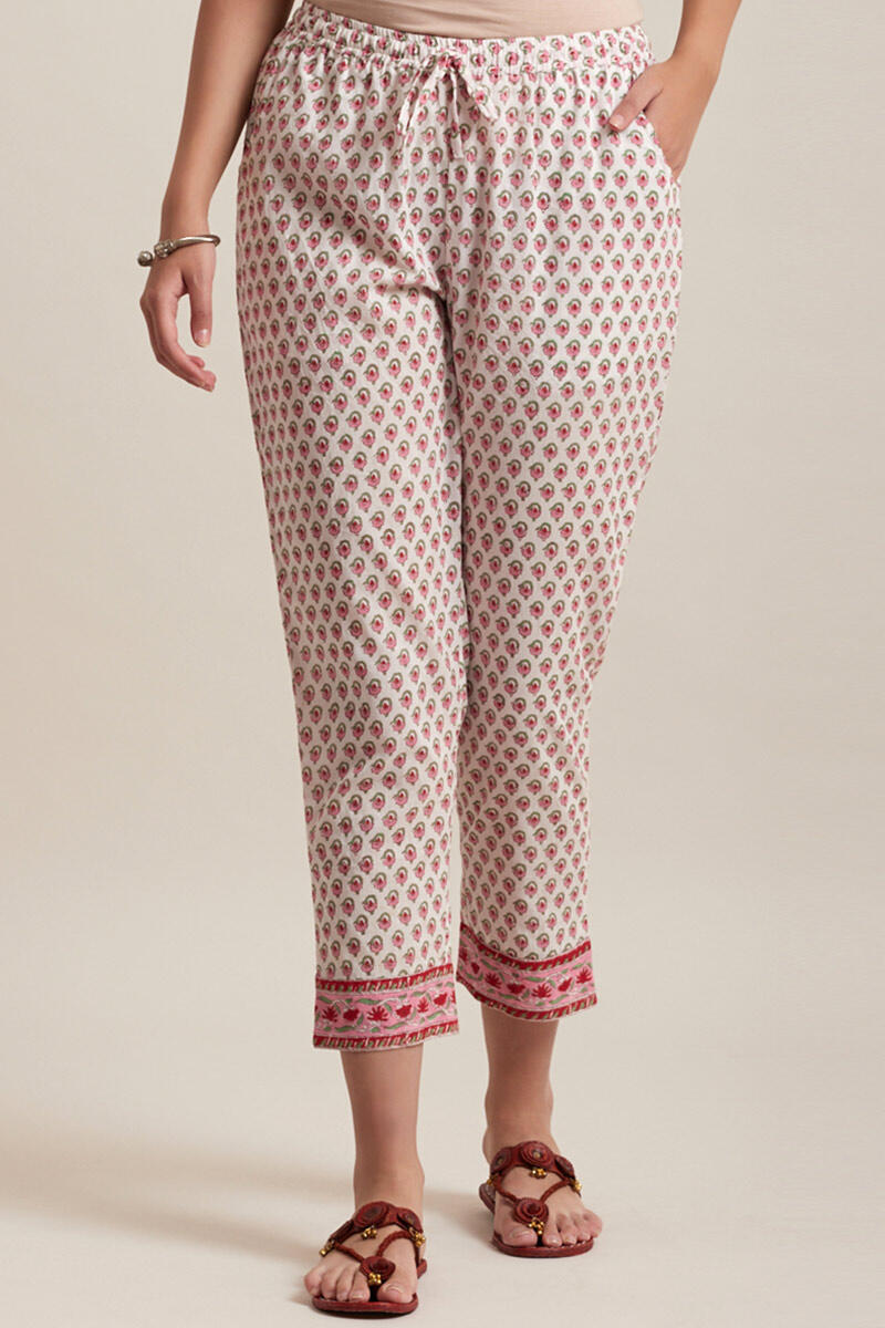 Pink Block Printed Cotton Narrow Pants