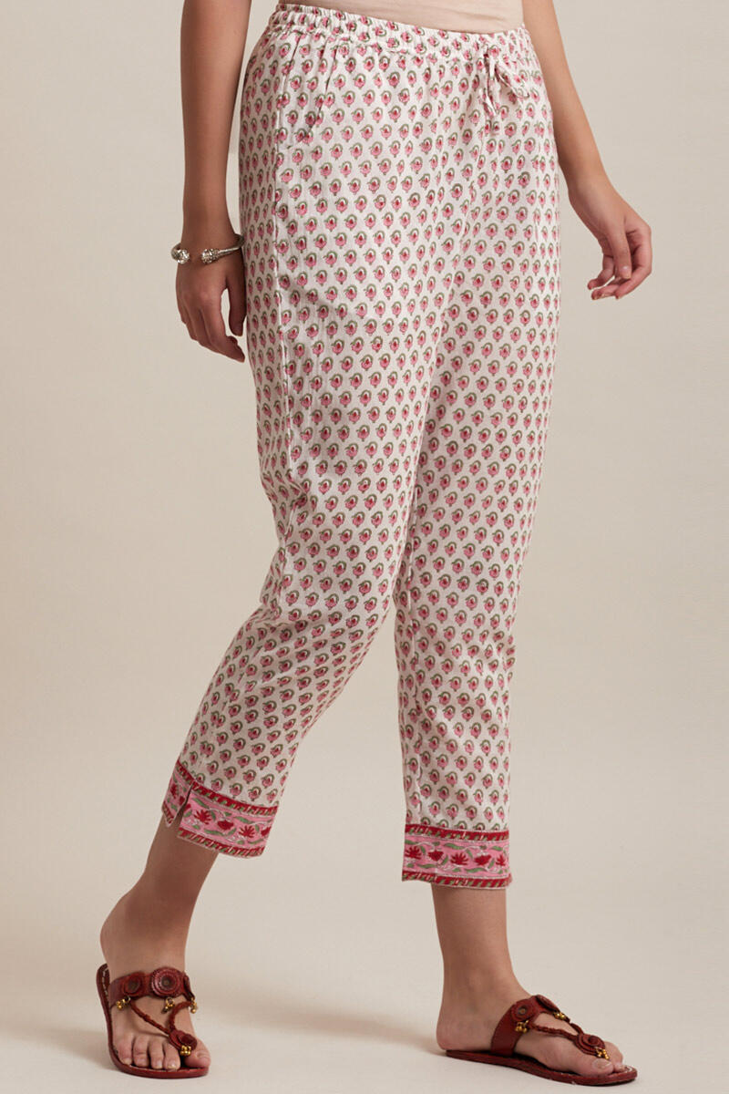 Pink Block Printed Cotton Narrow Pants