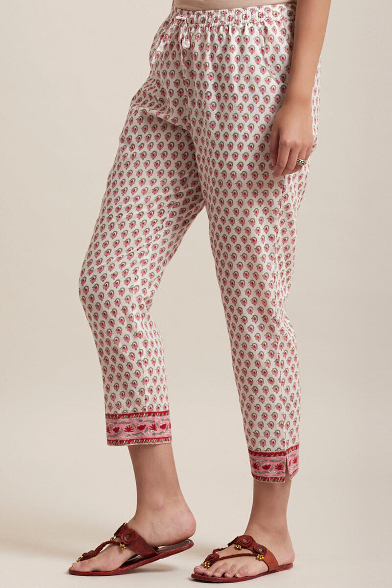 Pink Block Printed Cotton Narrow Pants