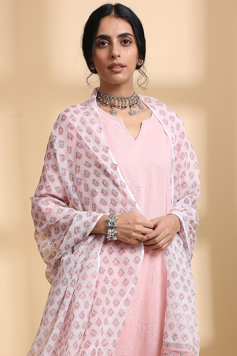 Pink Block Printed Kota Dupatta