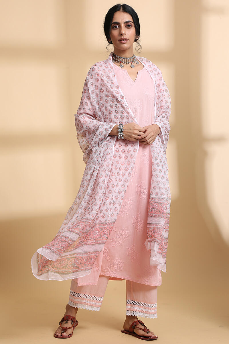 Pink Block Printed Kota Dupatta