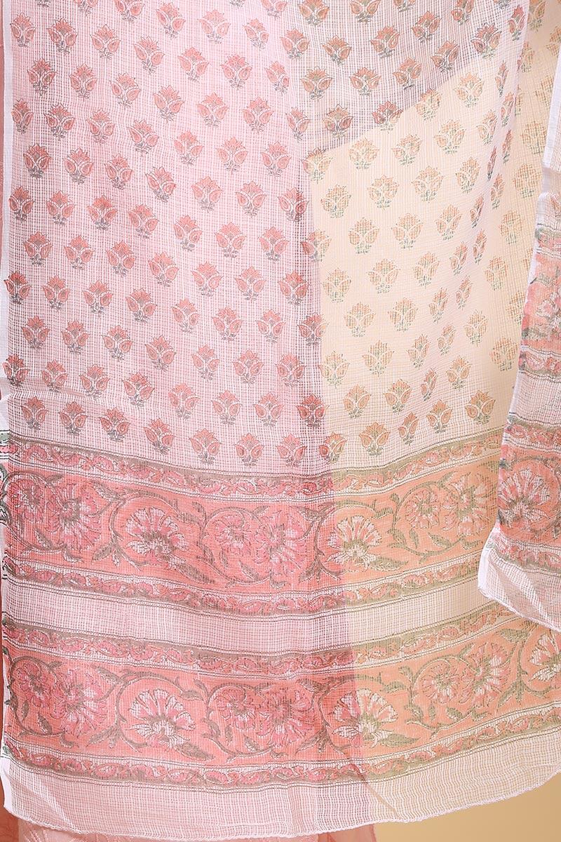 Pink Block Printed Kota Dupatta