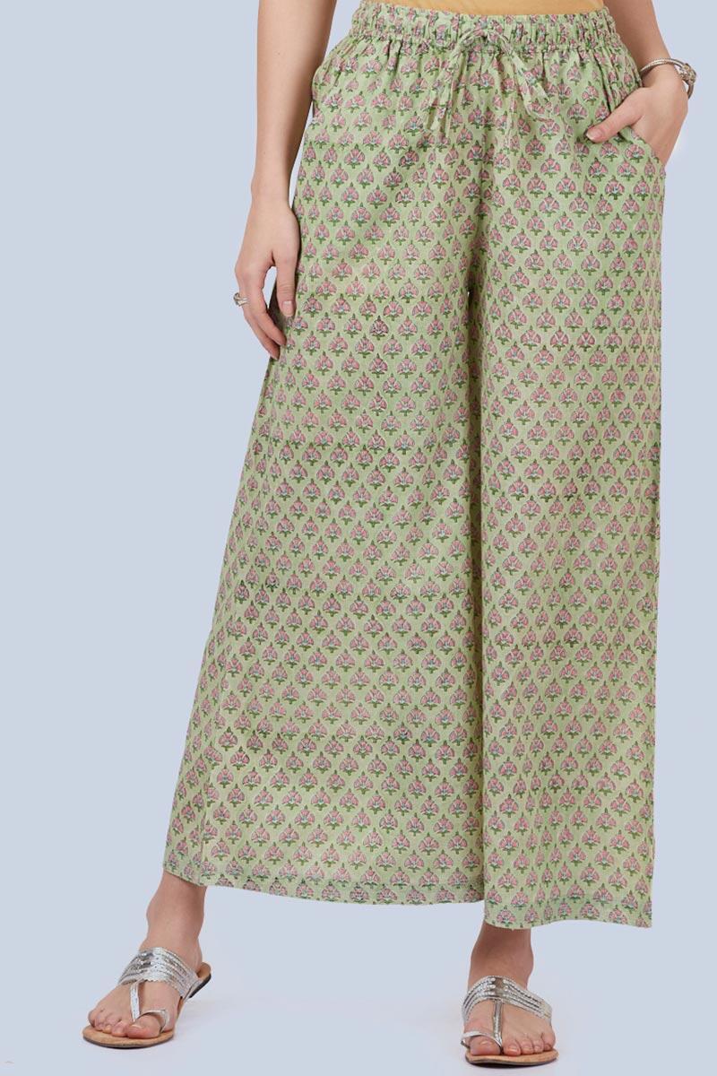 Green Block Printed Cotton Palazzo