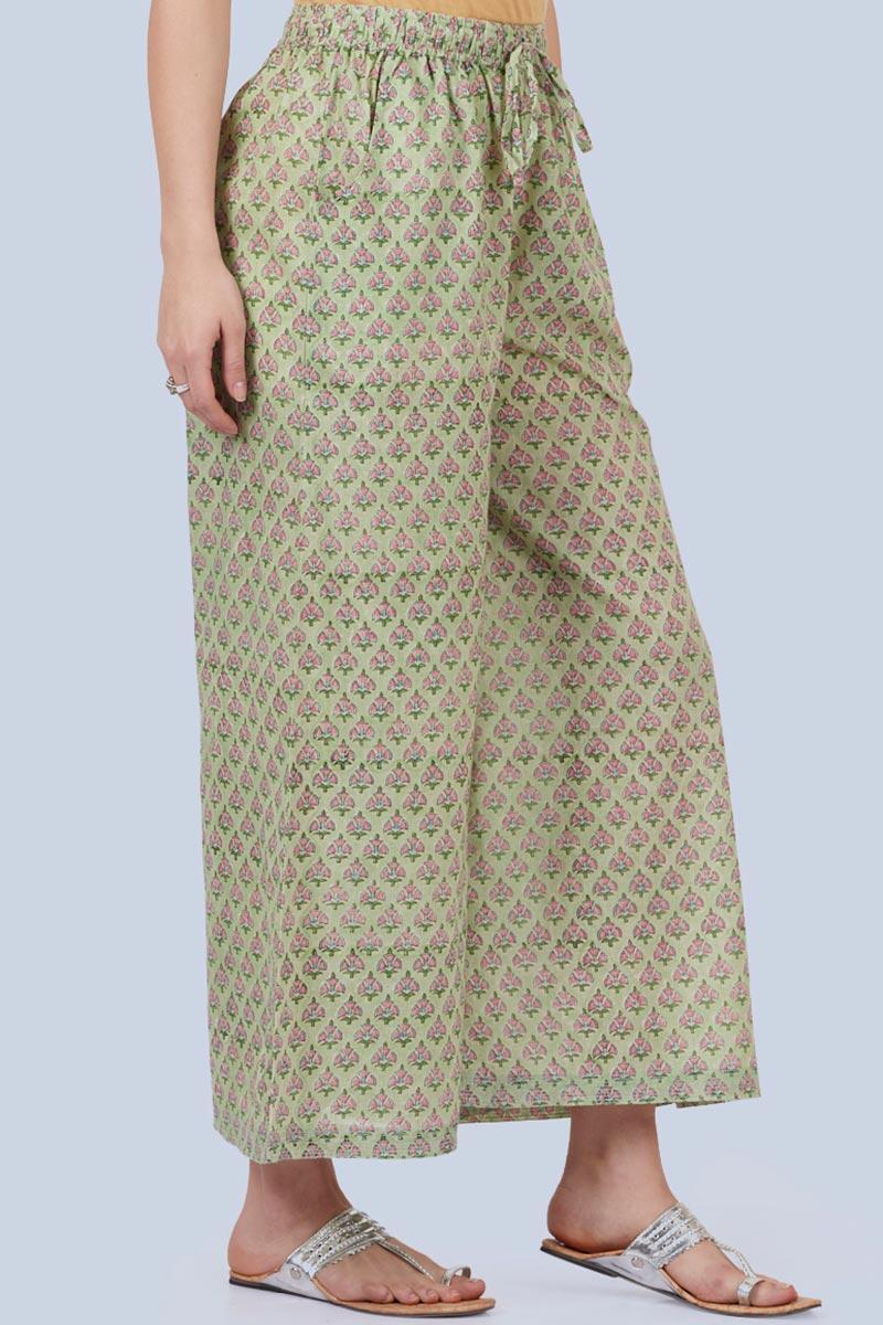 Green Block Printed Cotton Palazzo