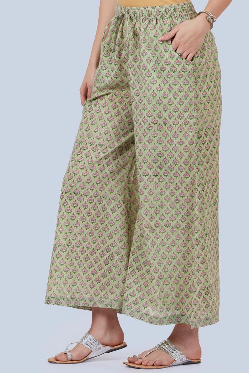 Green Block Printed Cotton Palazzo