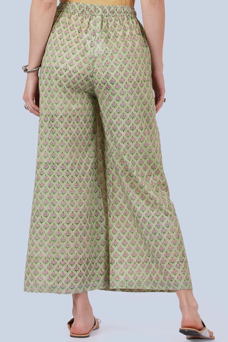 Green Block Printed Cotton Palazzo