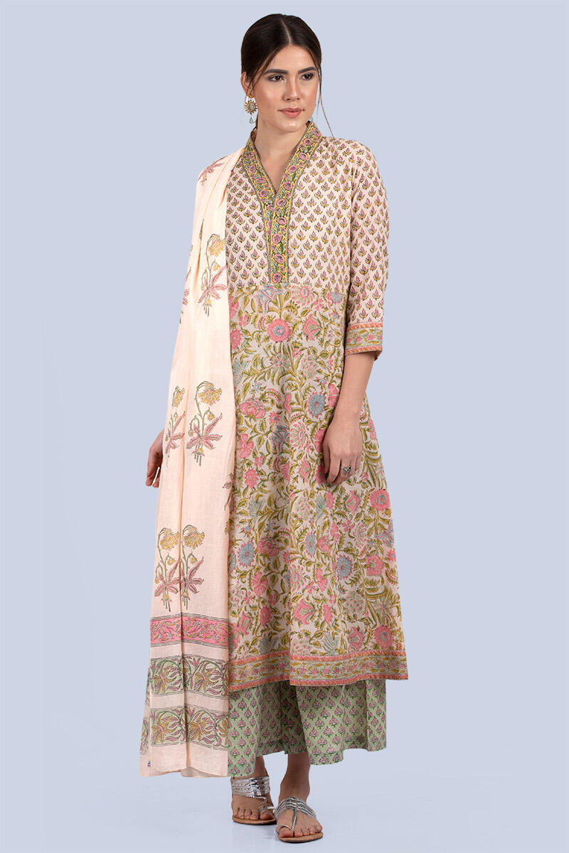 Green Block Printed Cotton Palazzo