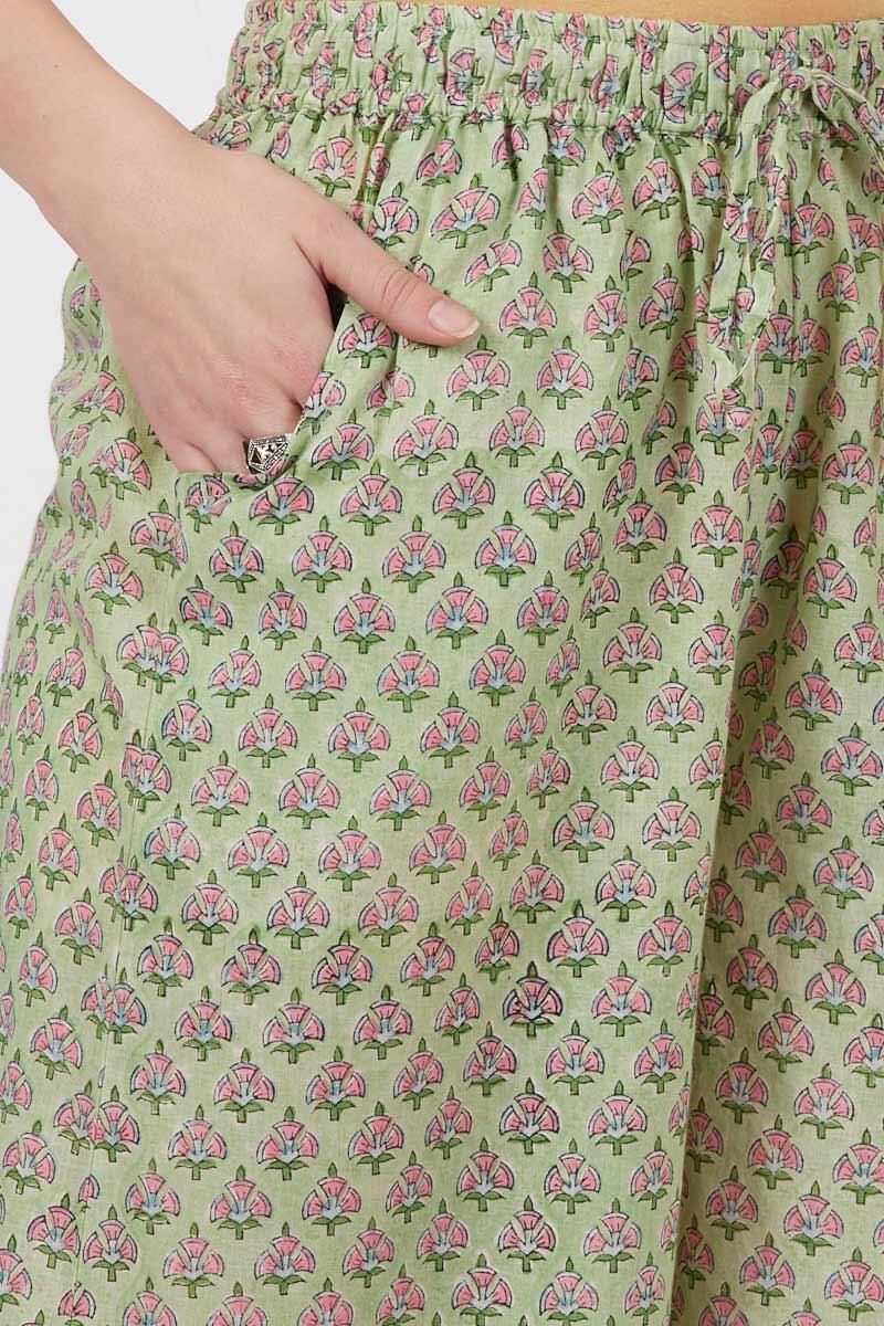 Green Block Printed Cotton Palazzo