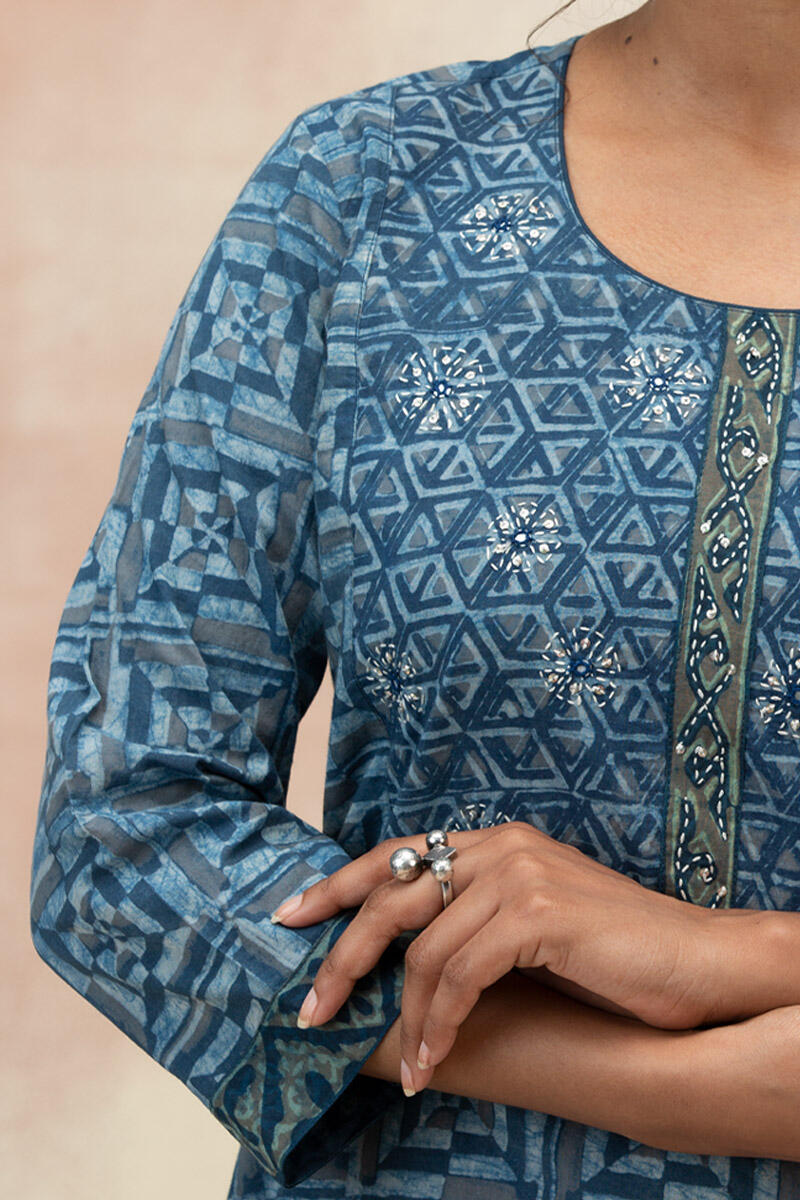 Indigo Block Printed Straight Cotton Kurta