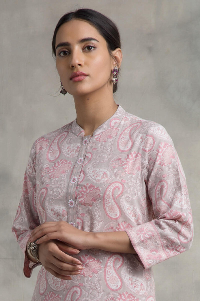 Grey Block Printed Straight Cotton Kurta