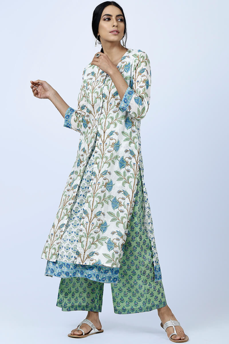 Green Block Printed Cotton Farsi Pants
