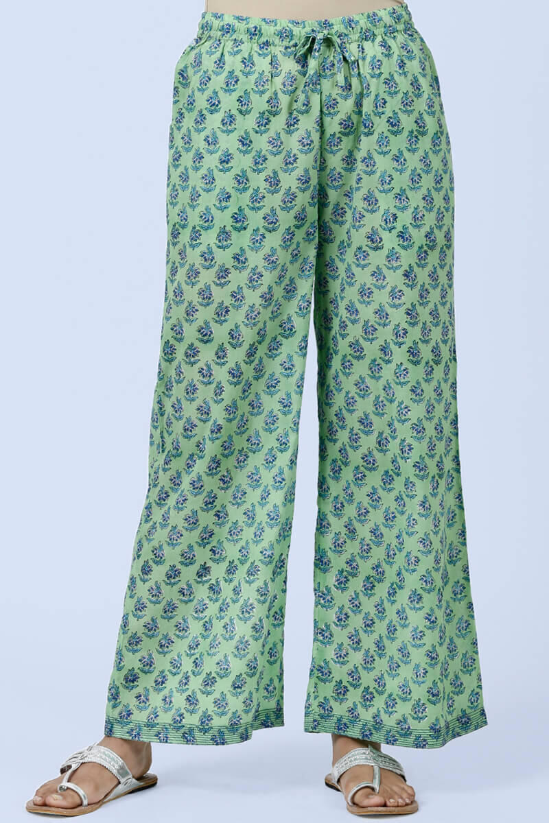 Green Block Printed Cotton Farsi Pants