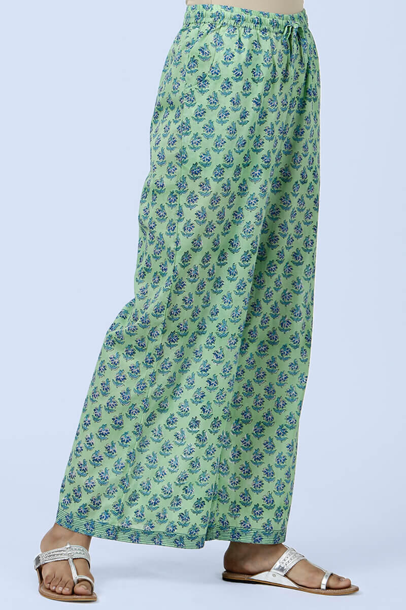 Green Block Printed Cotton Farsi Pants