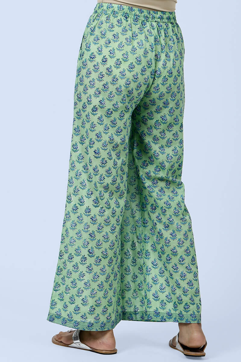 Green Block Printed Cotton Farsi Pants