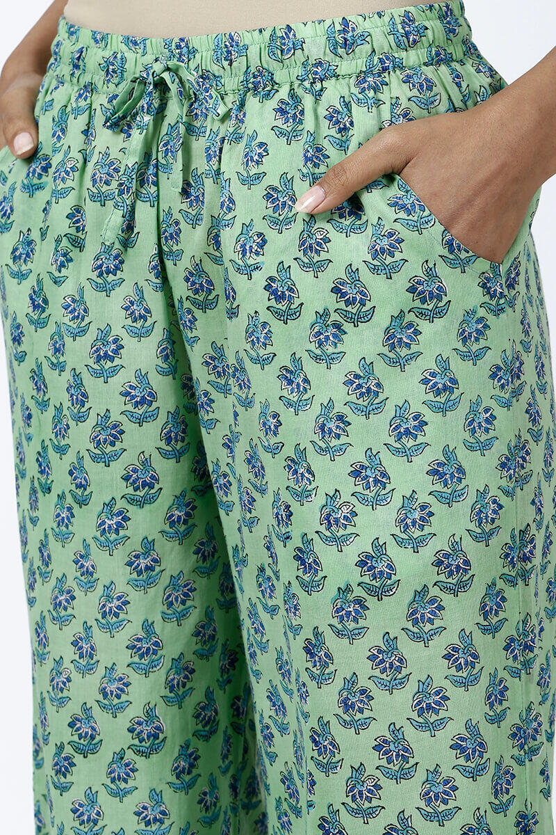 Green Block Printed Cotton Farsi Pants