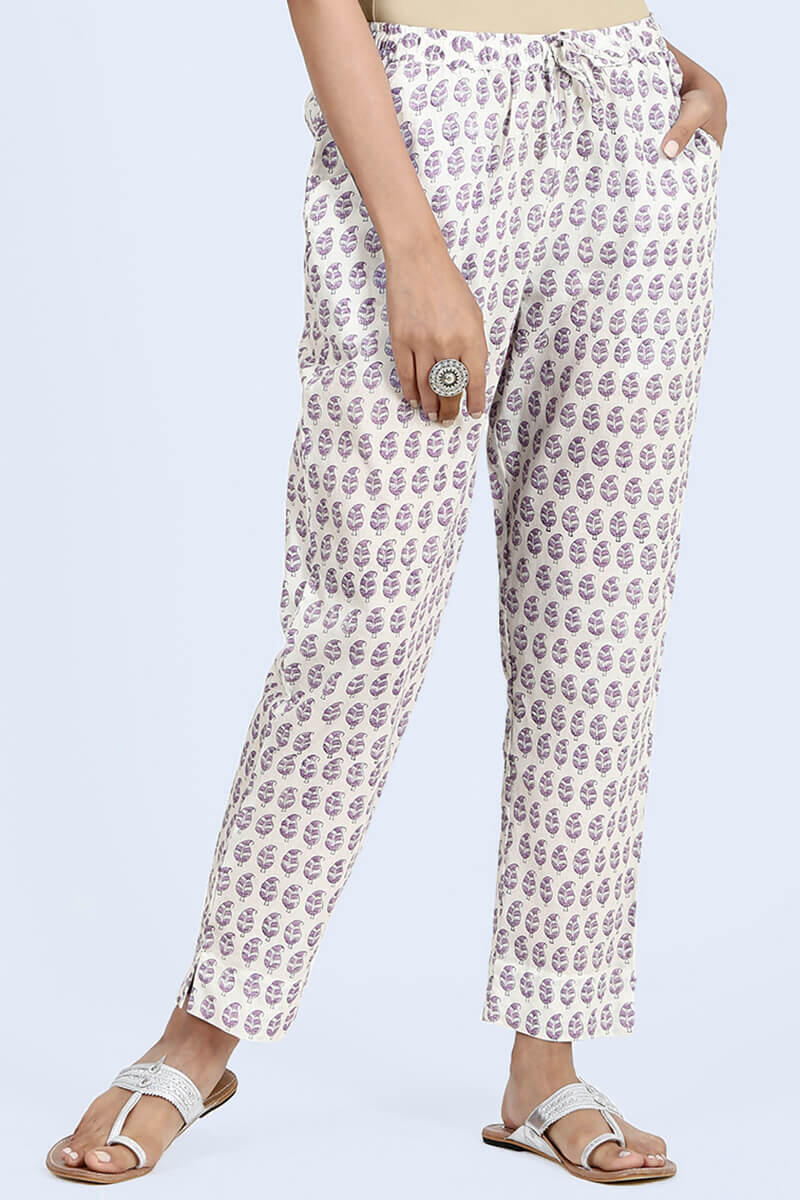 Purple Block Printed Cotton Pants