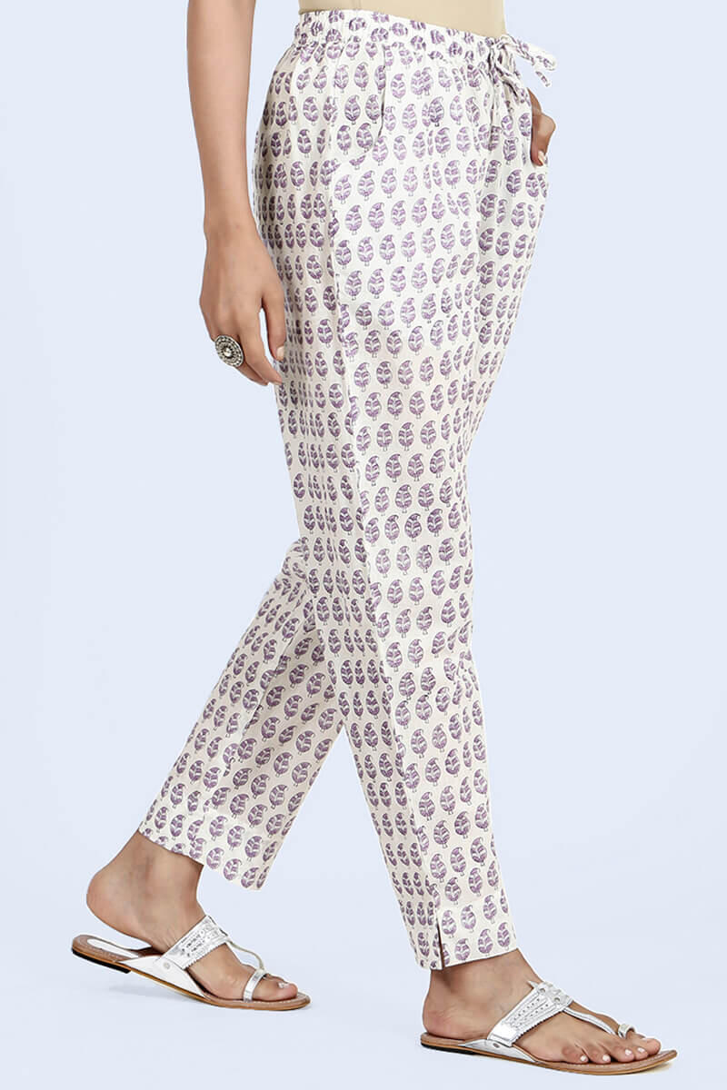 Purple Block Printed Cotton Pants