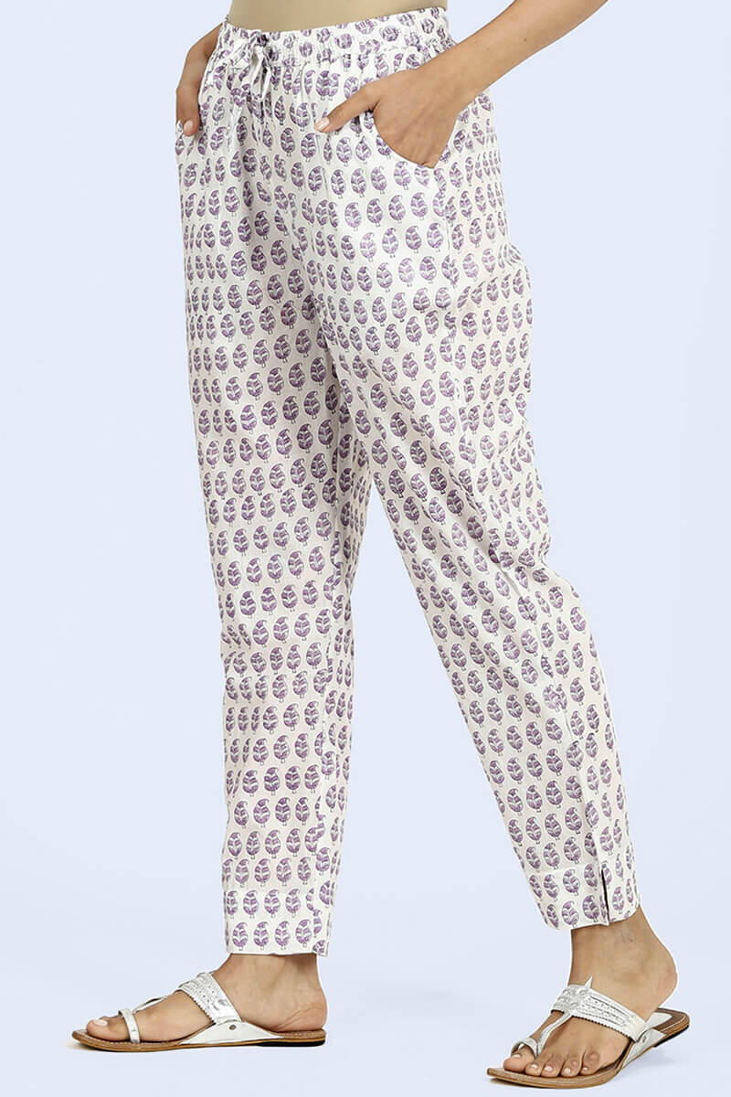 Purple Block Printed Cotton Pants