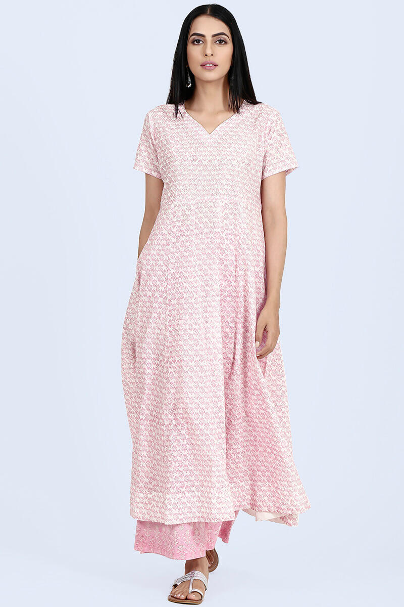 Pink Block Printed Anarkali Cotton Kurta