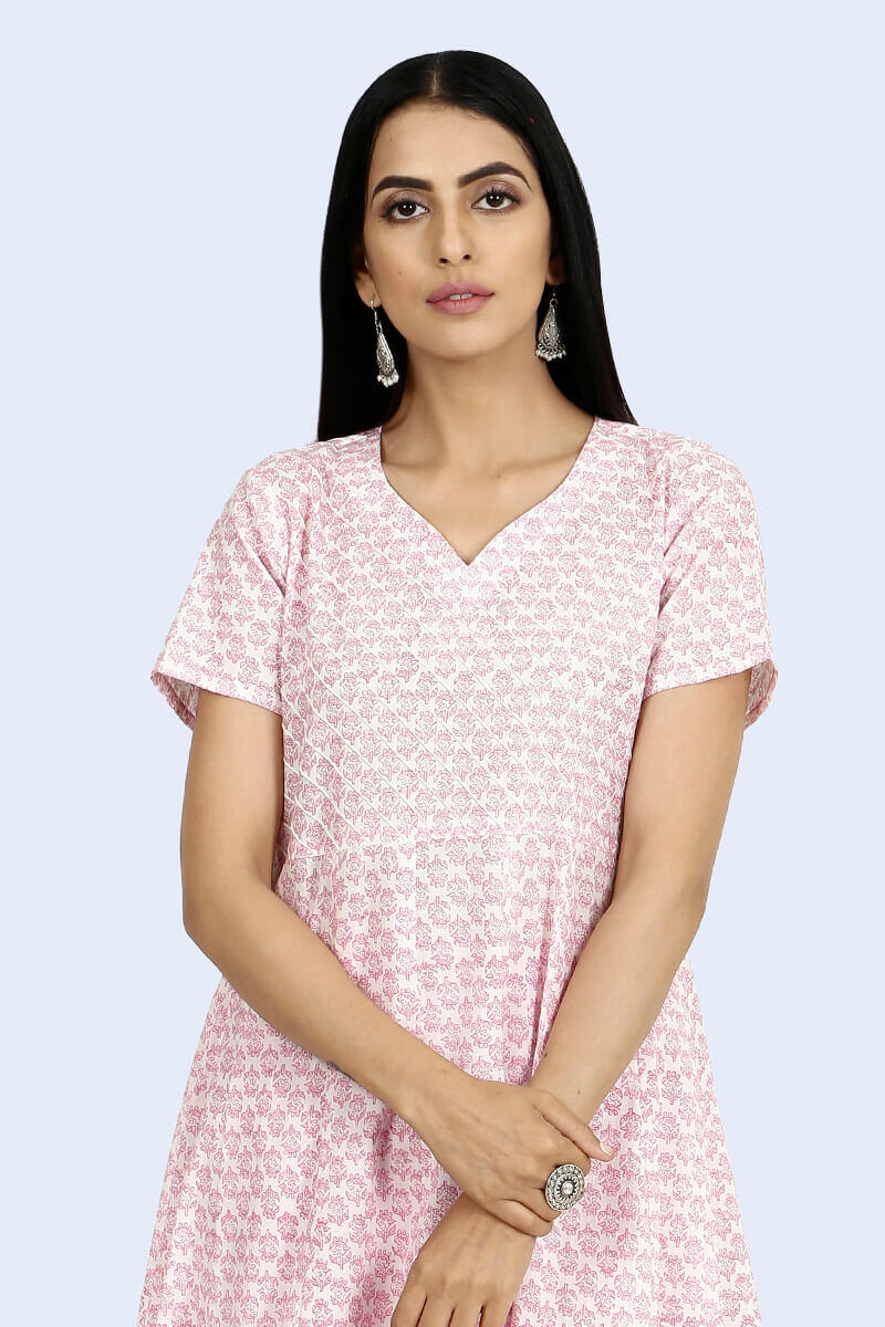 Pink Block Printed Anarkali Cotton Kurta