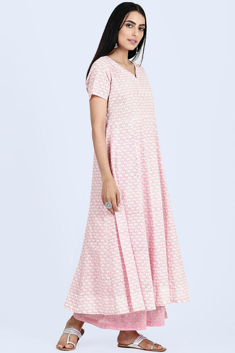 Pink Block Printed Anarkali Cotton Kurta