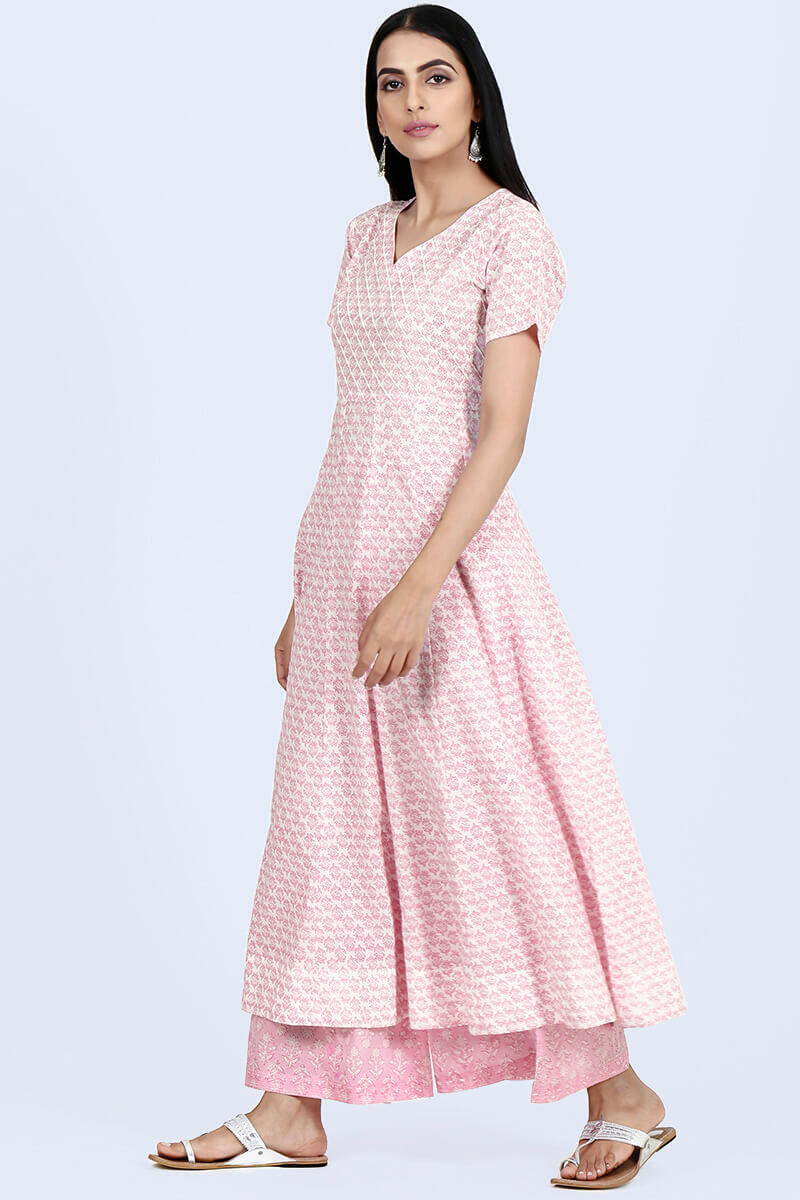 Pink Block Printed Anarkali Cotton Kurta