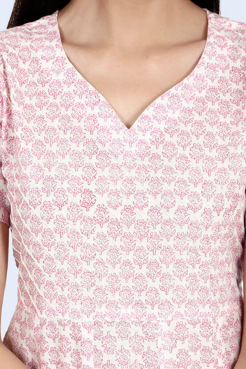 Pink Block Printed Anarkali Cotton Kurta