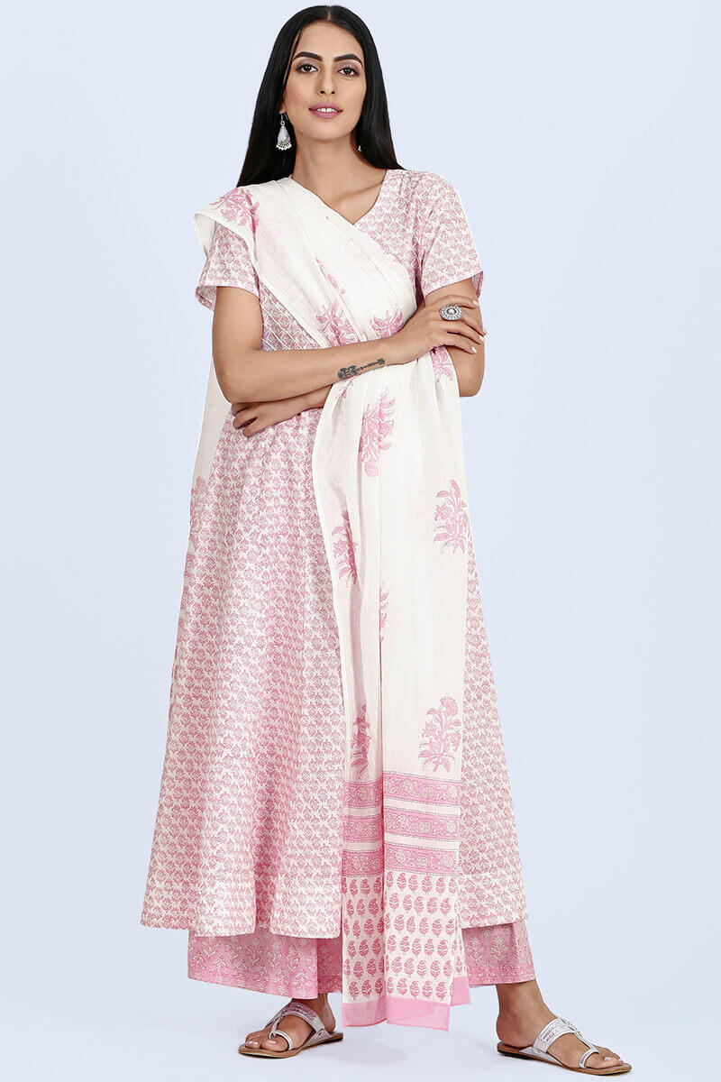 Pink Block Printed Anarkali Cotton Kurta