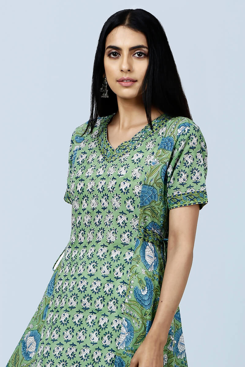 Green Block Printed Angrakha Cotton Kurta