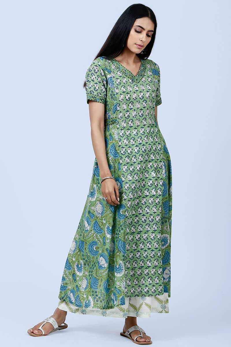 Green Block Printed Angrakha Cotton Kurta