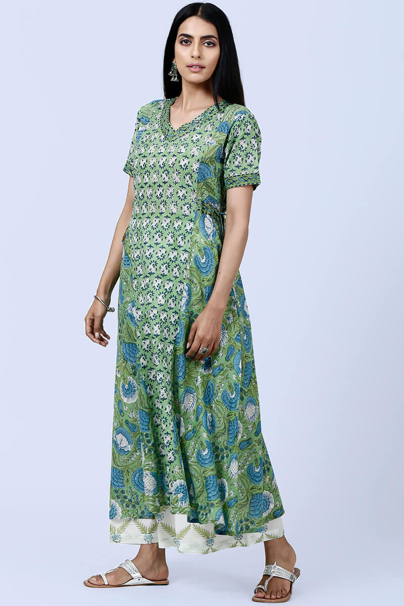 Green Block Printed Angrakha Cotton Kurta