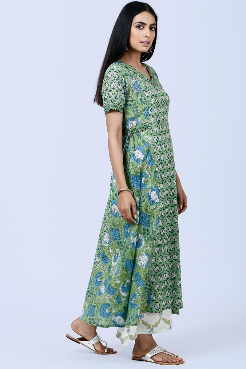 Green Block Printed Angrakha Cotton Kurta