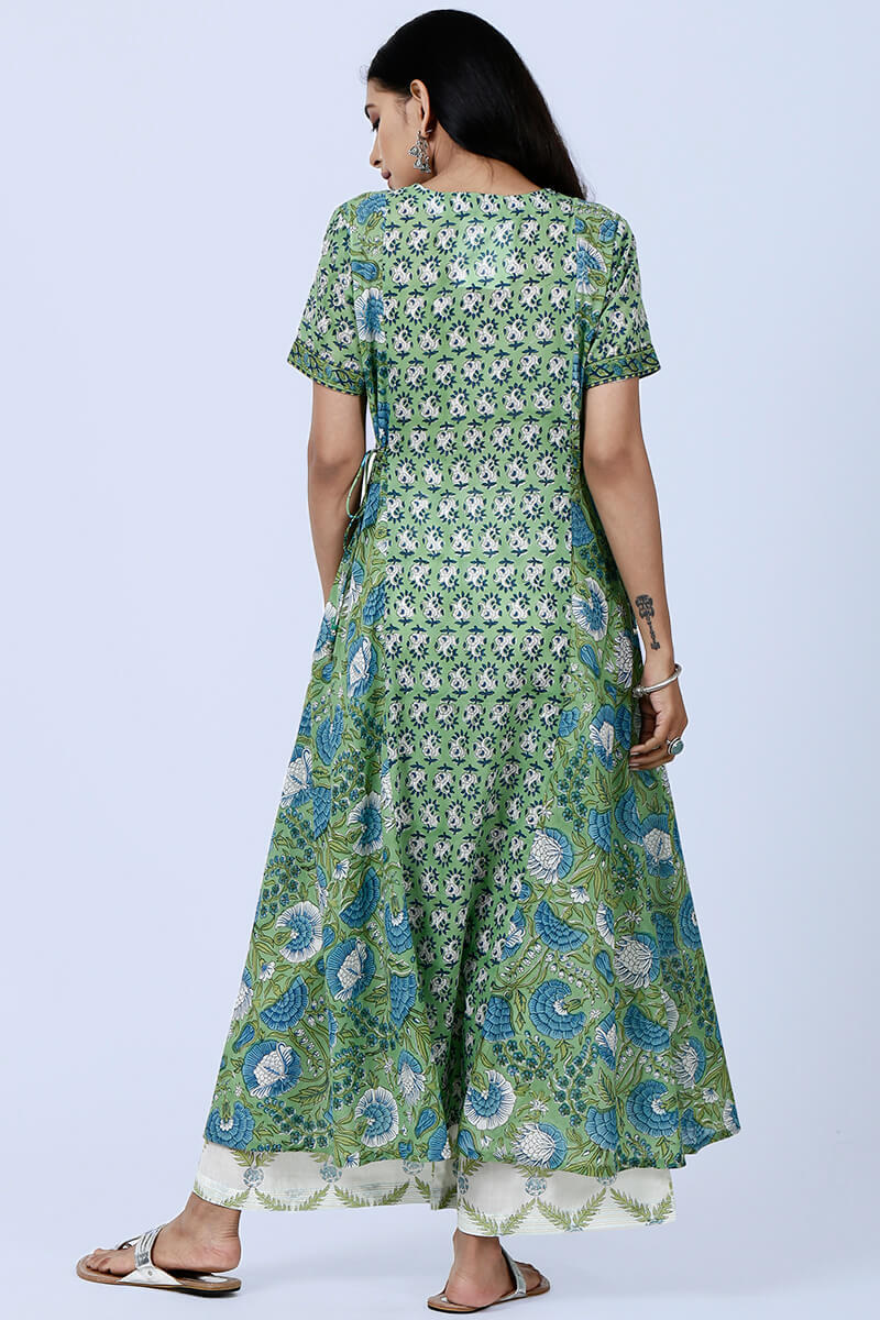 Green Block Printed Angrakha Cotton Kurta