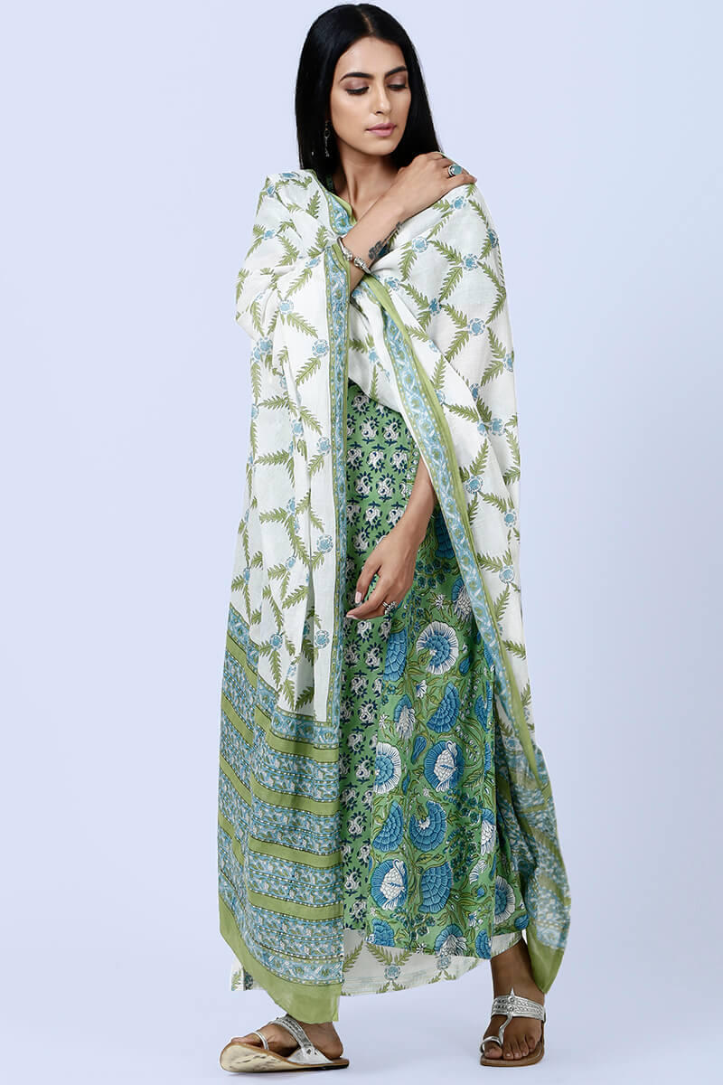 Green Block Printed Angrakha Cotton Kurta