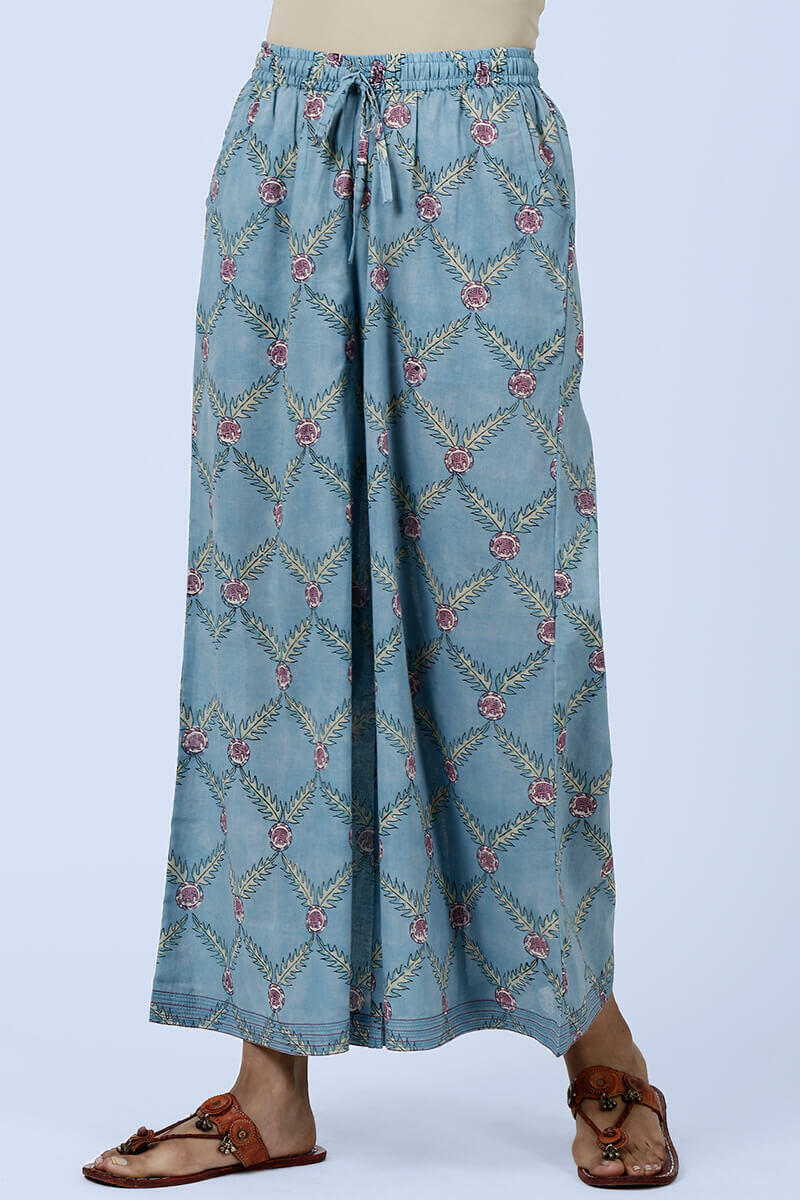 Blue Block Printed Cotton Palazzo