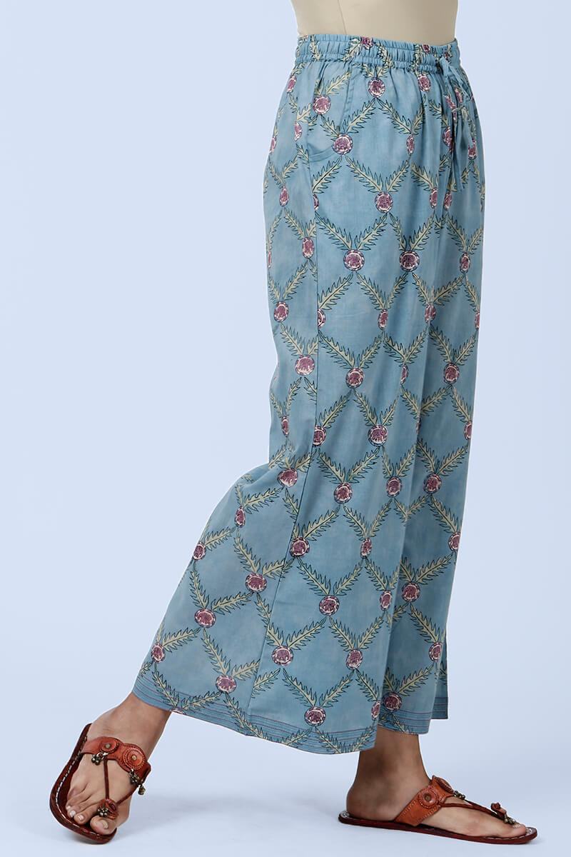 Blue Block Printed Cotton Palazzo